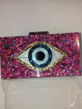 Embellished Evil Eye Clutch in Pink and Blue With Crossbody Strap